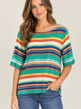 Westbound Teal Green Multicolor Striped Short Sleeve Top Size L - 100% Cotton